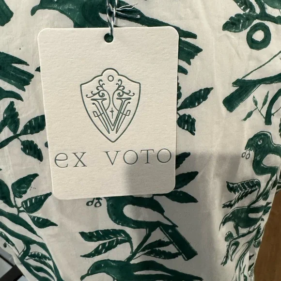 Ex Voto 100% Cotton White Green Bird Block Printed Maxi Dress Green NWT SZ M - Picture 10 of 11